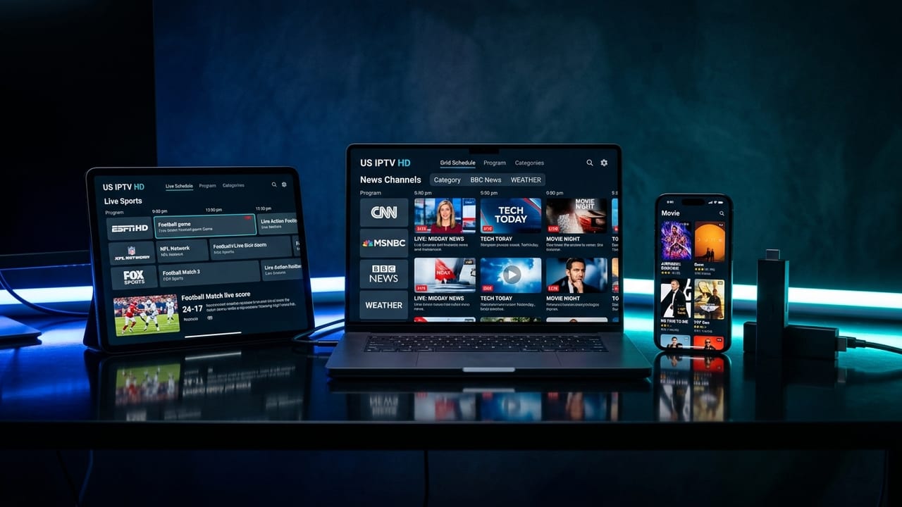US IPTV multi-device compatibility on iPad, laptop, iPhone, and Amazon Fire TV Stick